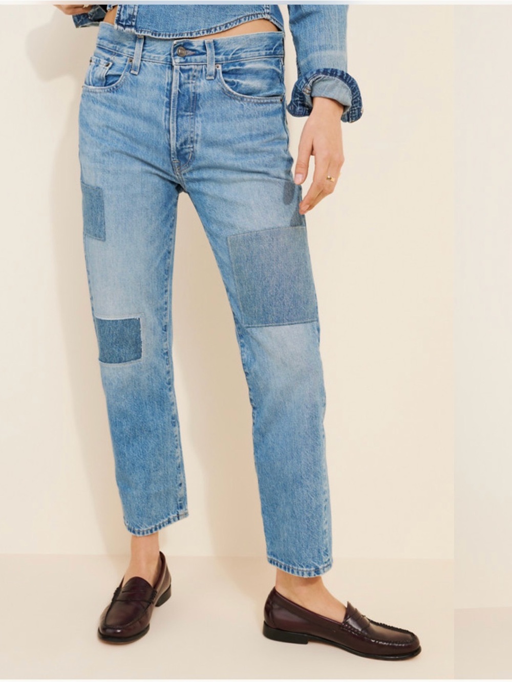 Edwin Light Blue Patchwork Cropped Jeans